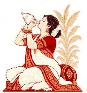 Woman blowing a conch shell