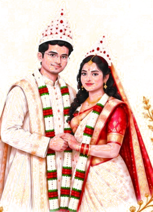 Illustration of Amartyo and Shriya in Bengali bridal attire