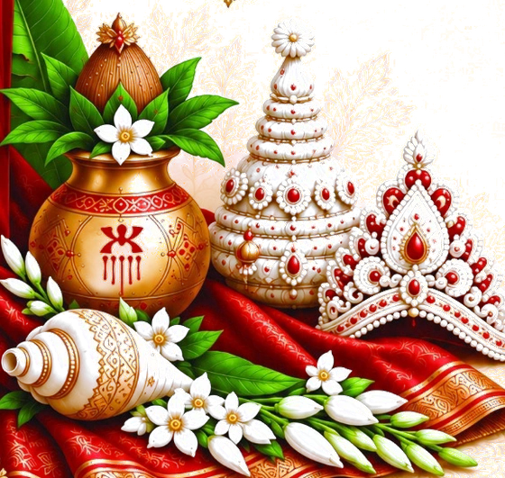 Mangal kalash, shola topor and conch on a red silk cloth